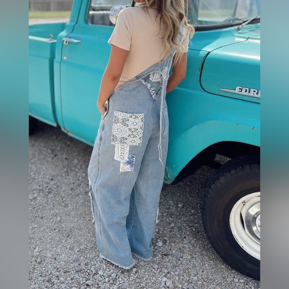 NWT POL Boho Patchwork Crochet Jean Denim Overalls - Picture 7 of 15